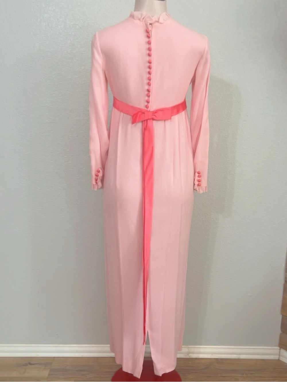 Vintage 1960s Pink Silk Chiffon Empire Waist Maxi Dress Shantung Lining SZ S - Picture 7 of 11